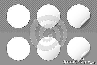 Rounded adhesive paper stickers set with shadow. Circle white tags with a folded edges. Blank templates of adhesive symbols Vector Illustration